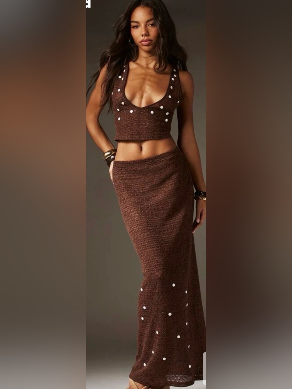 Brown Knit High-Waist Midi Skirt and Top